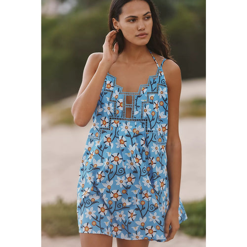 Blue mini dress with square neckline, spaghetti straps, and mosaic floral print