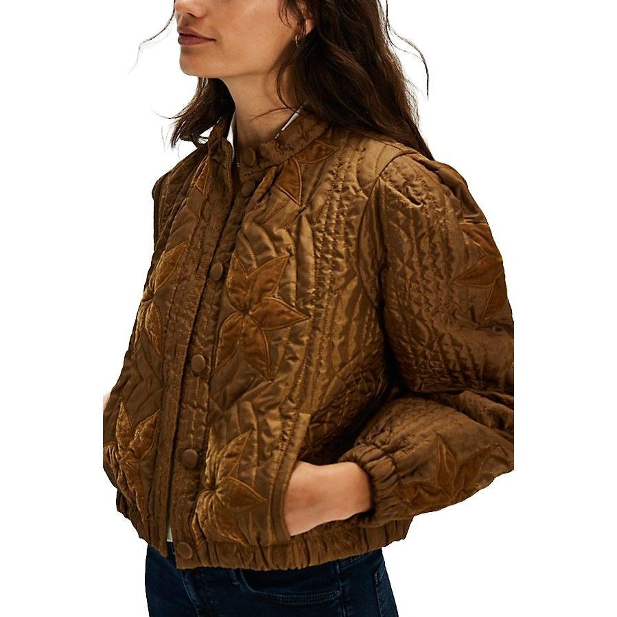 New FREE PEOPLE Quinn Quilted Crop Jacket $198 LARGE Bronze/Brown Patching