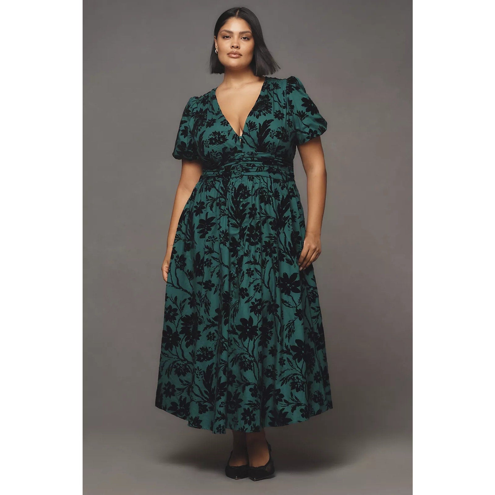 Anthropologie The Katerina Button-Front Dress $198 XXS 00 Dark Green Floral