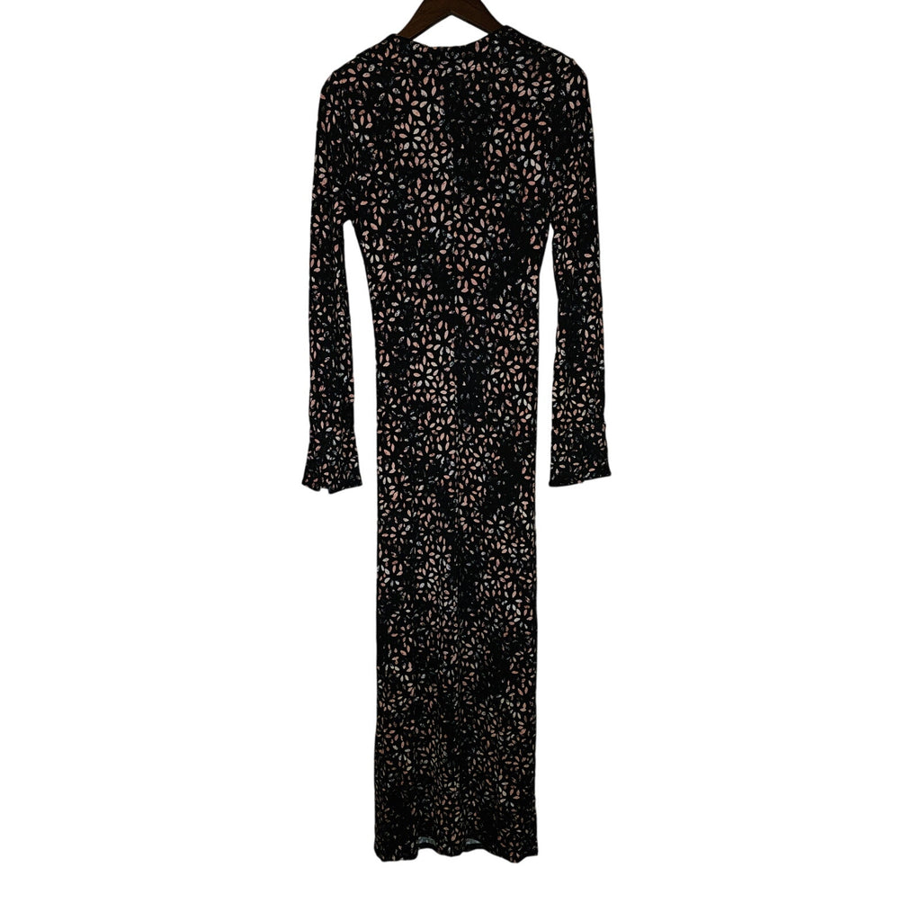 New Free People Shayla Wrap Midi Dress $128  LARGE  Black and Pink Combo V-neck