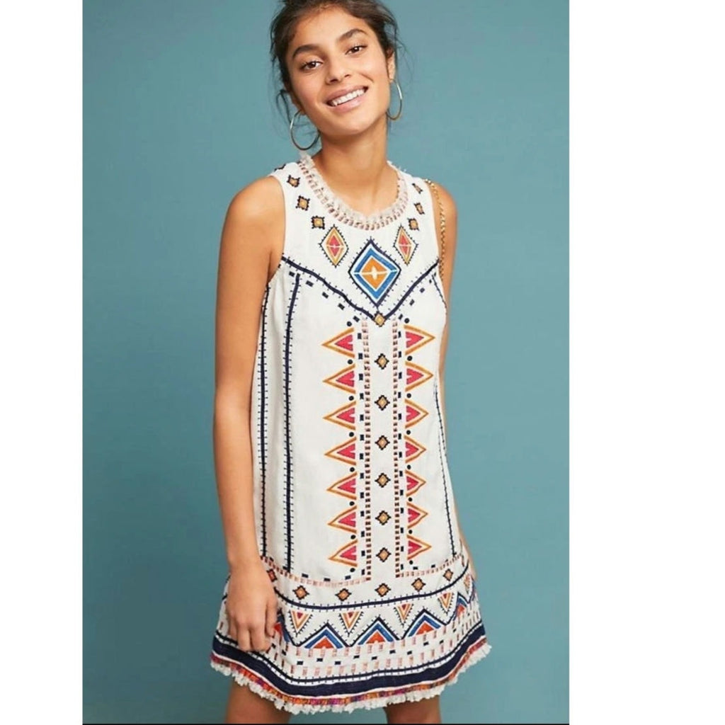Anthropologie Akemi + Kin Reagan Mini Dress Embroidered Linen $228 SIZE 14