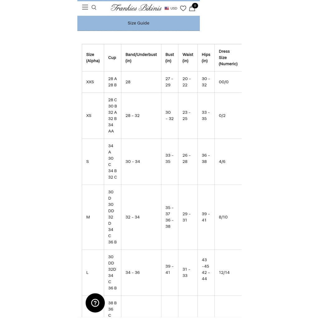 Mini dress size guide chart with cup, bust, waist, hips, and dress size numbers