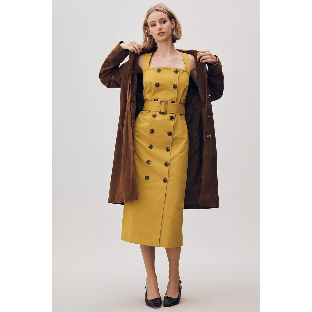 Anthropologie Mare Mare Belted Utility Midi Trench Dress SMALL Lt Green Anthropologie