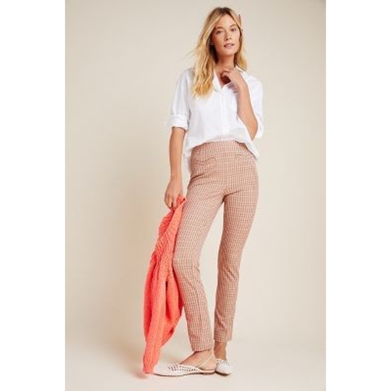 New Anthropologie The Essential Slim Plaid Trousers $98 Size 12 Pink and Tan