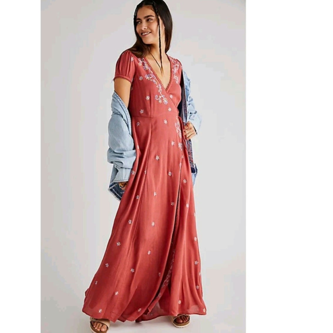 Free People Mia Wrap Boho Floral Embroidered Maxi Dress $168 X-SMALL