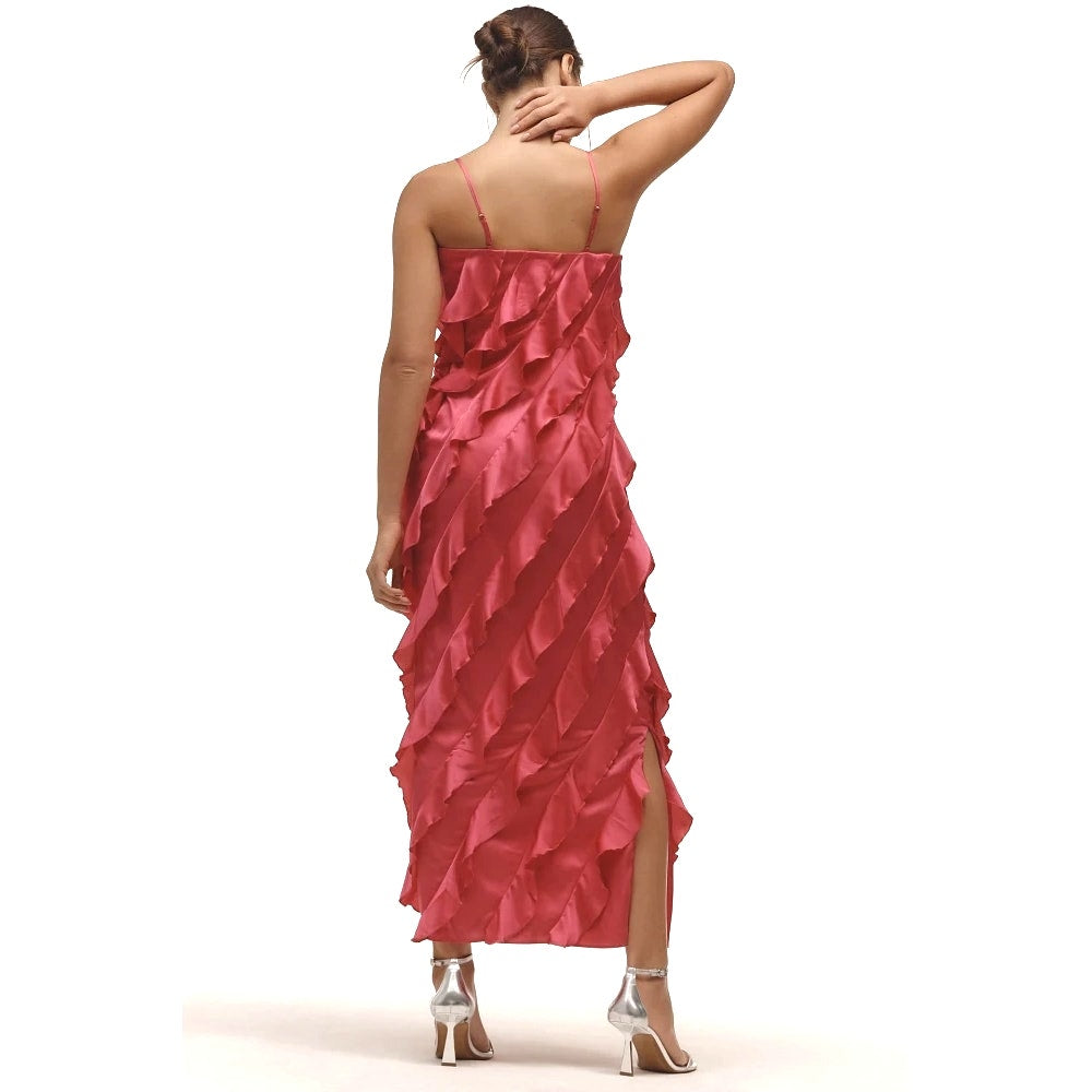 New By Anthropologie Bias-Cut Ruffled Midi Dress $198 X-LARGE Pink V-neck