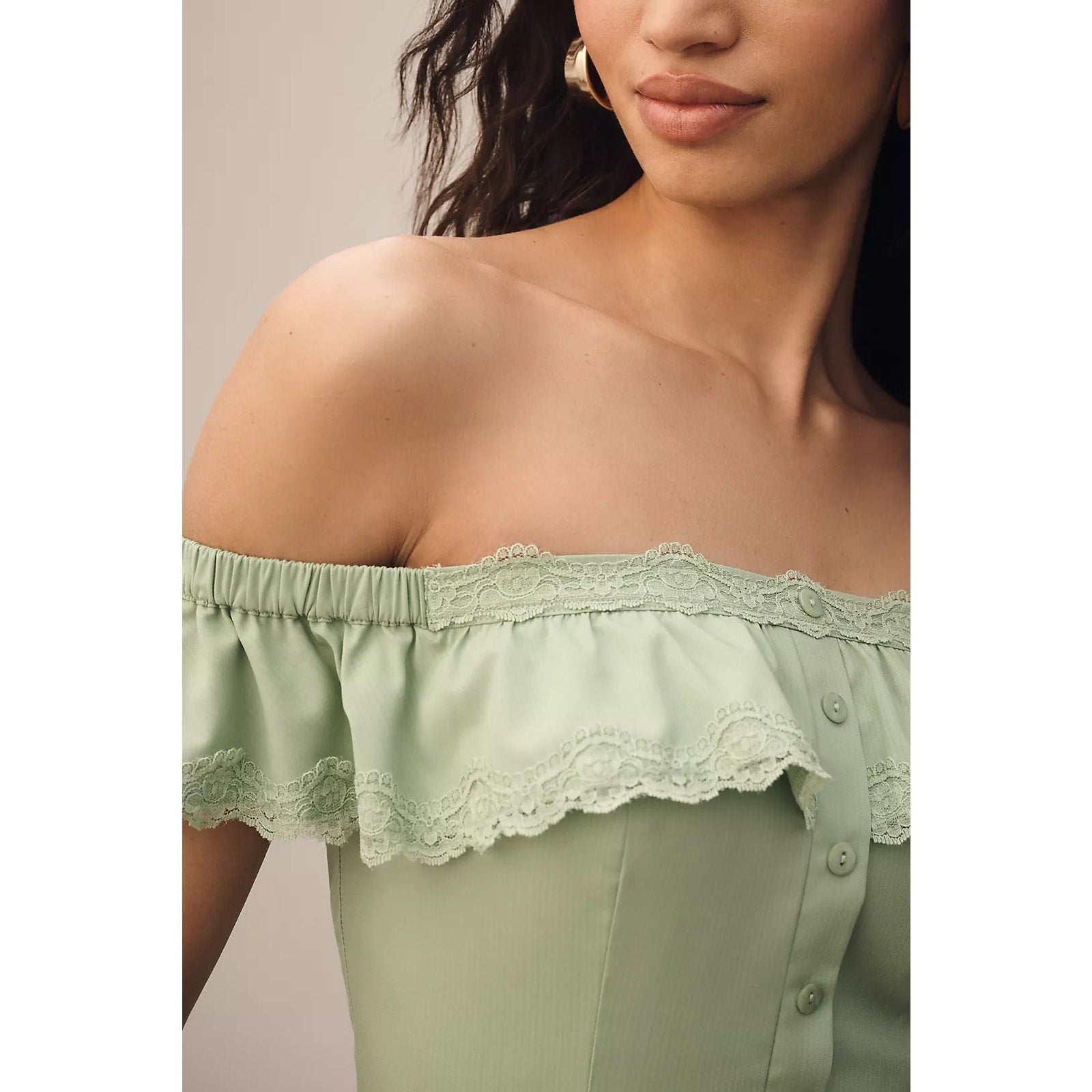 Anthropologie Mare Mare Off-The-Shoulder Ruffle Romper X-LARGE Green Anthropologie
