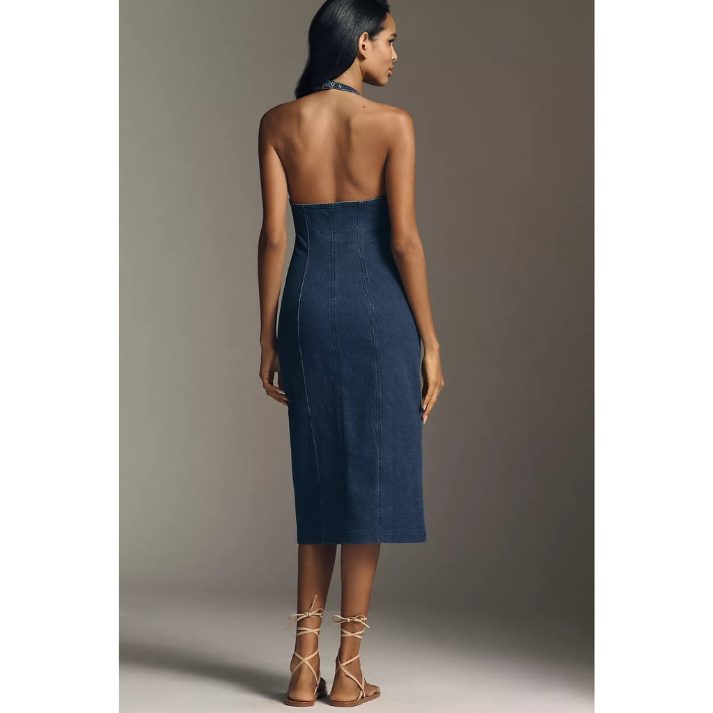 New Anthropologie Pilcro Zip-Front Denim Halter Midi Dress $168 MEDIUM Dark Blue Anthropologie