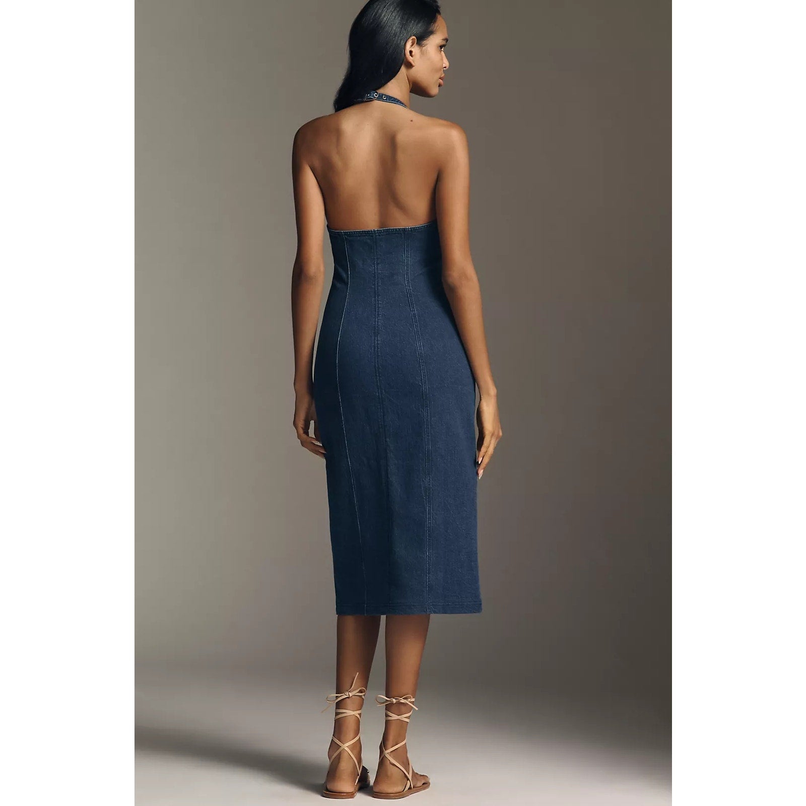 New Anthropologie Pilcro Zip-Front Denim Halter Midi Dress $168 MEDIUM Dark Blue Anthropologie