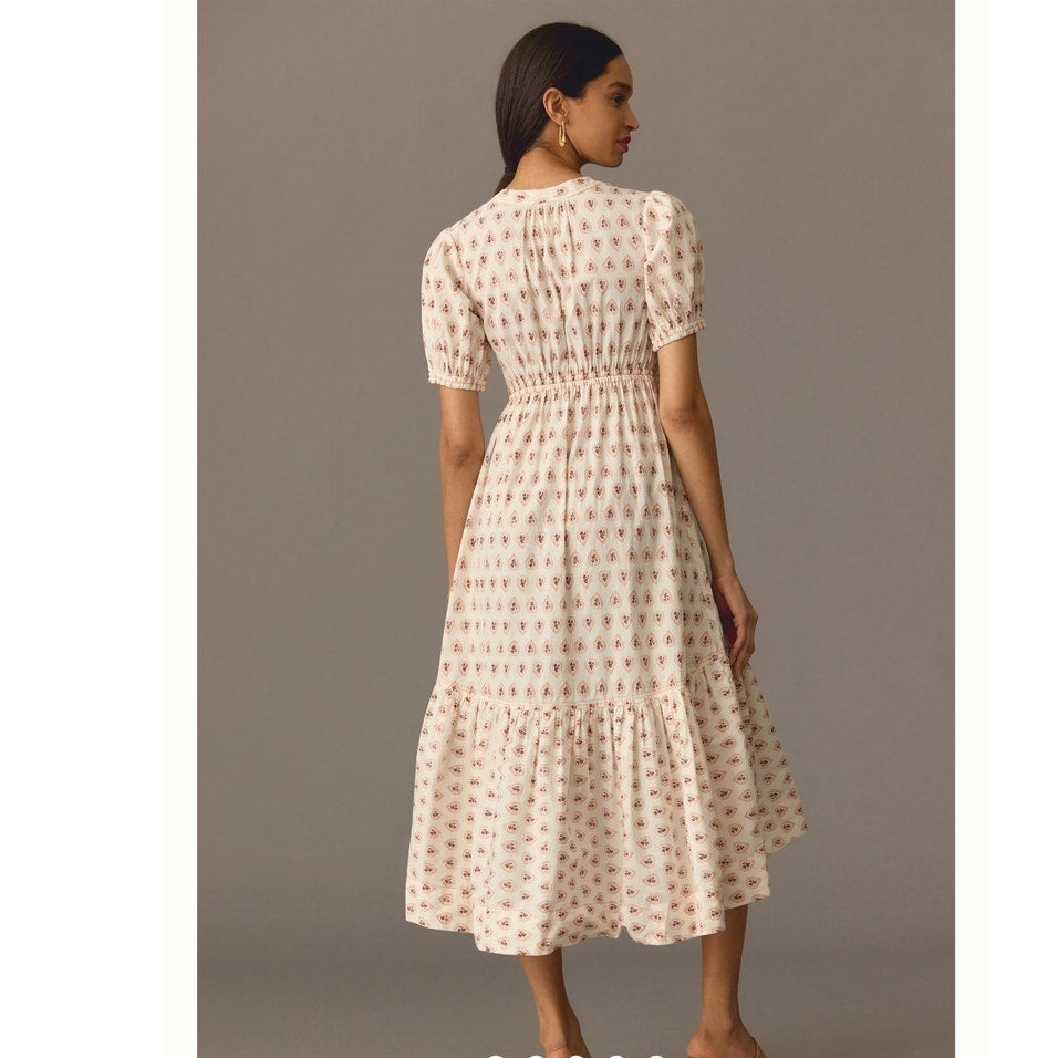 New By Anthropologie Printed Puff-Sleeve Dress $160 X-SMALL Neutral Motif