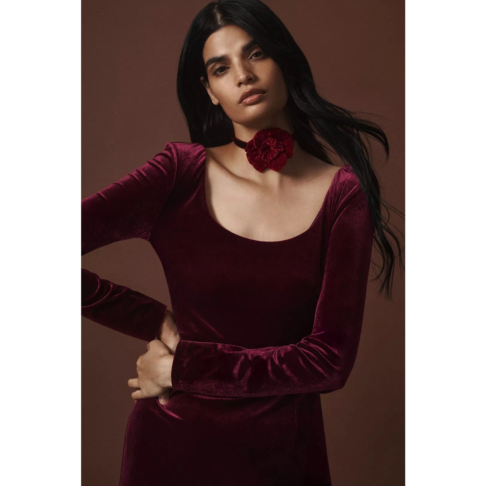 New BHLDN Bella Long-Sleeve Scoop-Neck Side-Slit Stretch Velvet Maxi Dress $248