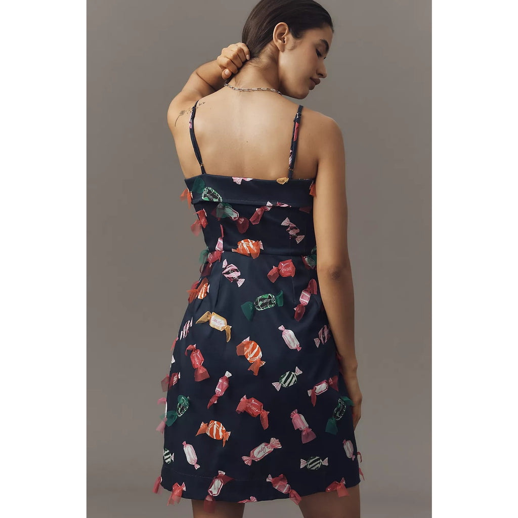Anthropologie Maeve Printed Buttondown Mini Dress SIZE 8 Navy APPLIQUED Anthropologie