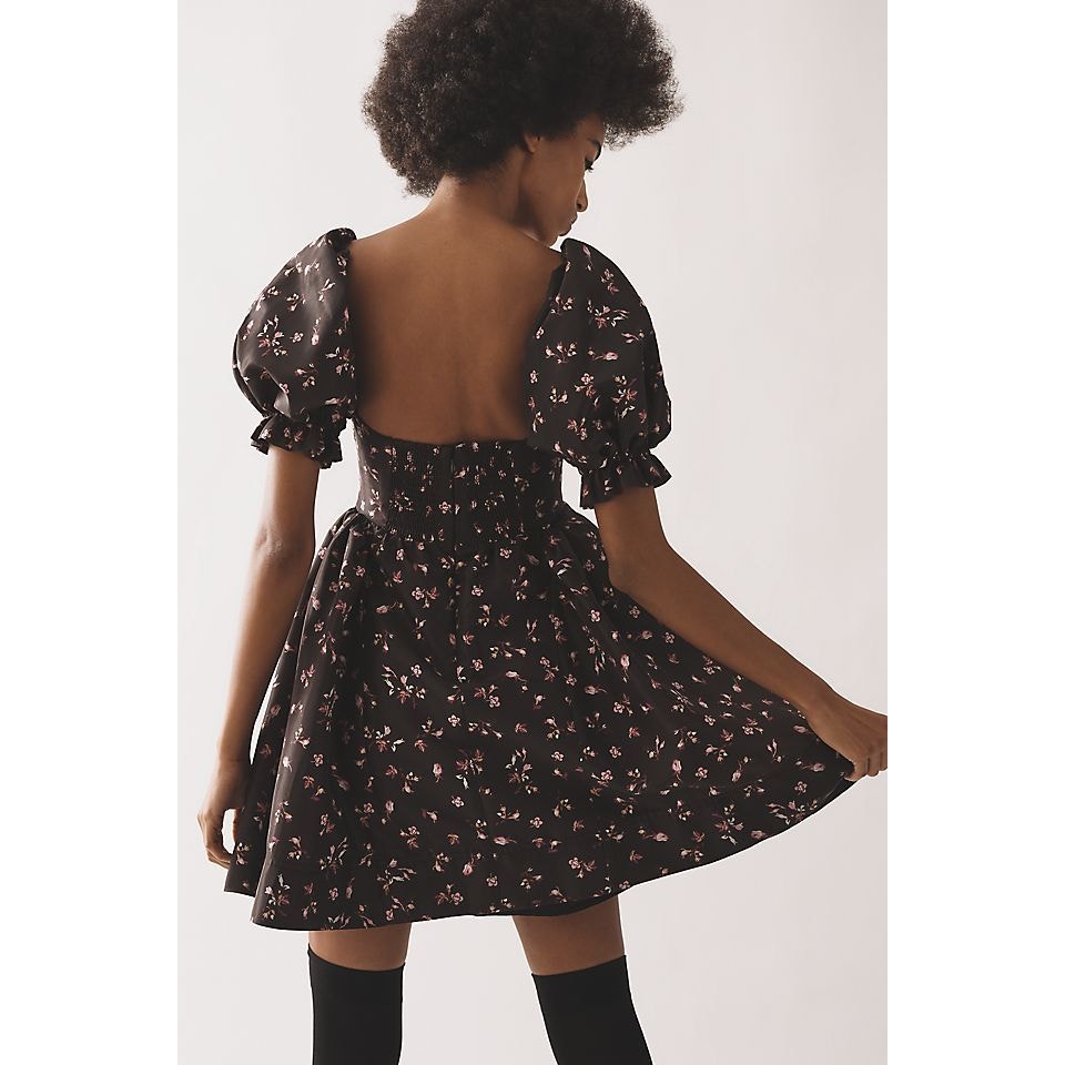 Black floral mini dress back view with puff sleeves and fitted waist