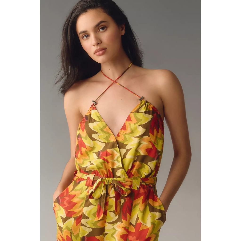 New Farm Rio x Anthropologie Fruit Print Jumpsuit $188 SMALL Yellow Bead Tassels