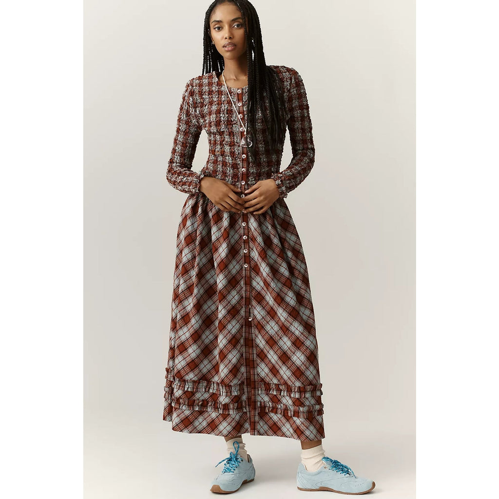 Anthropologie Damson Madder Posey Smocked LS Organic Cotton Midi Dress SZ 4 Anthropologie