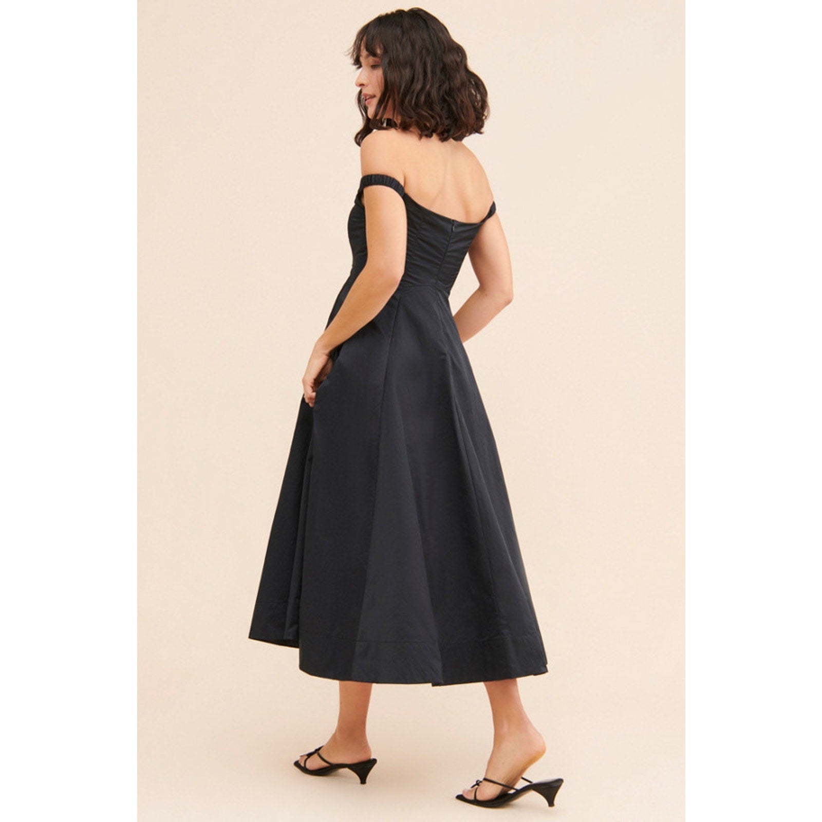 New Free People Alinda Midi Dress $228 SIZE 4 Shiny Black Off-The-Shoulder