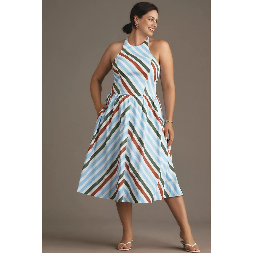 Anthropologie Maeve Halter Midi Sundress XXS Neutral Striped Motif Anthropologie