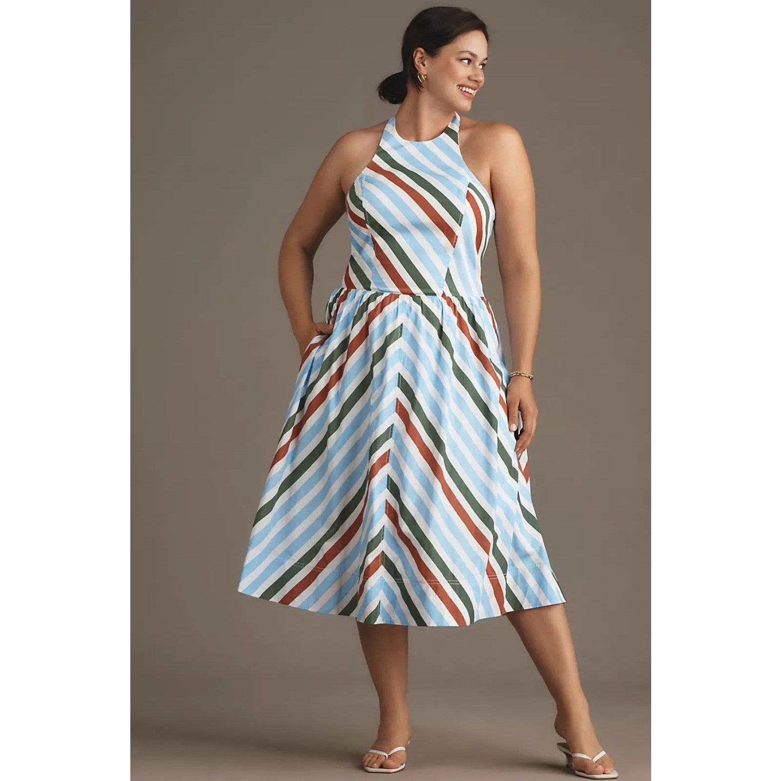 Anthropologie Maeve Halter Midi Sundress XXS Neutral Striped Motif Anthropologie