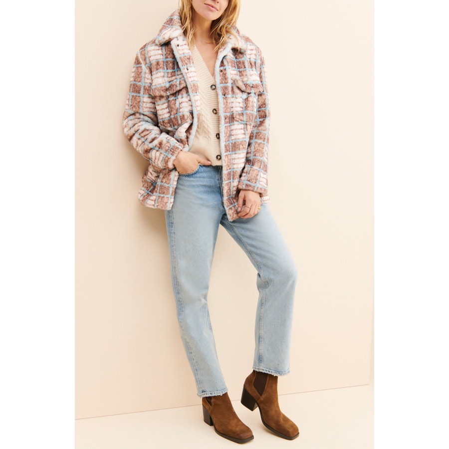 Free People Hutch Plaid Faux Fur Shirt Jacket