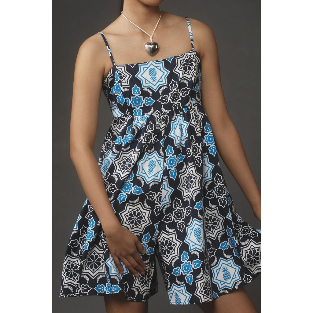 New Anthropologie Hutch Bandeau Romper $160 LARGE Blue Pineapple Smocked
