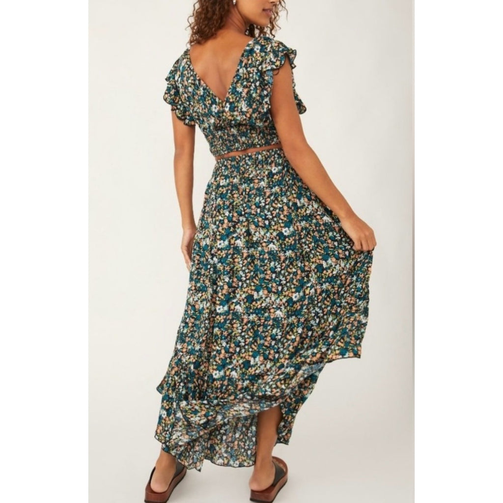 New Free People Pretty Dayz Midi Skirt Set $128 X-SMALL Blue Boho Floral Smocked