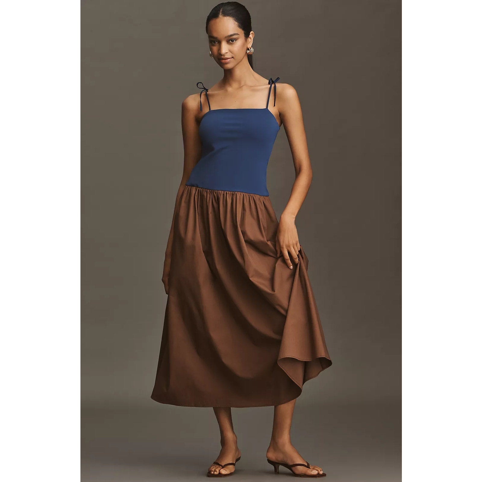 Anthropologie Square-Neck Twofer Midi Dress LARGE Navy/Brown Anthropologie