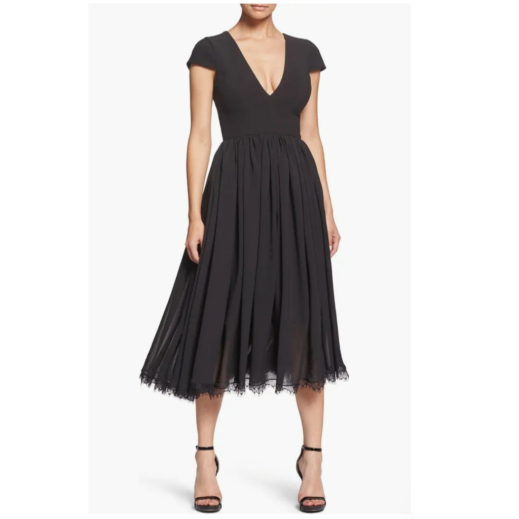 New Dress the Population Corey Dress $198 XS Black LBD Midi Sultry Evening Wear