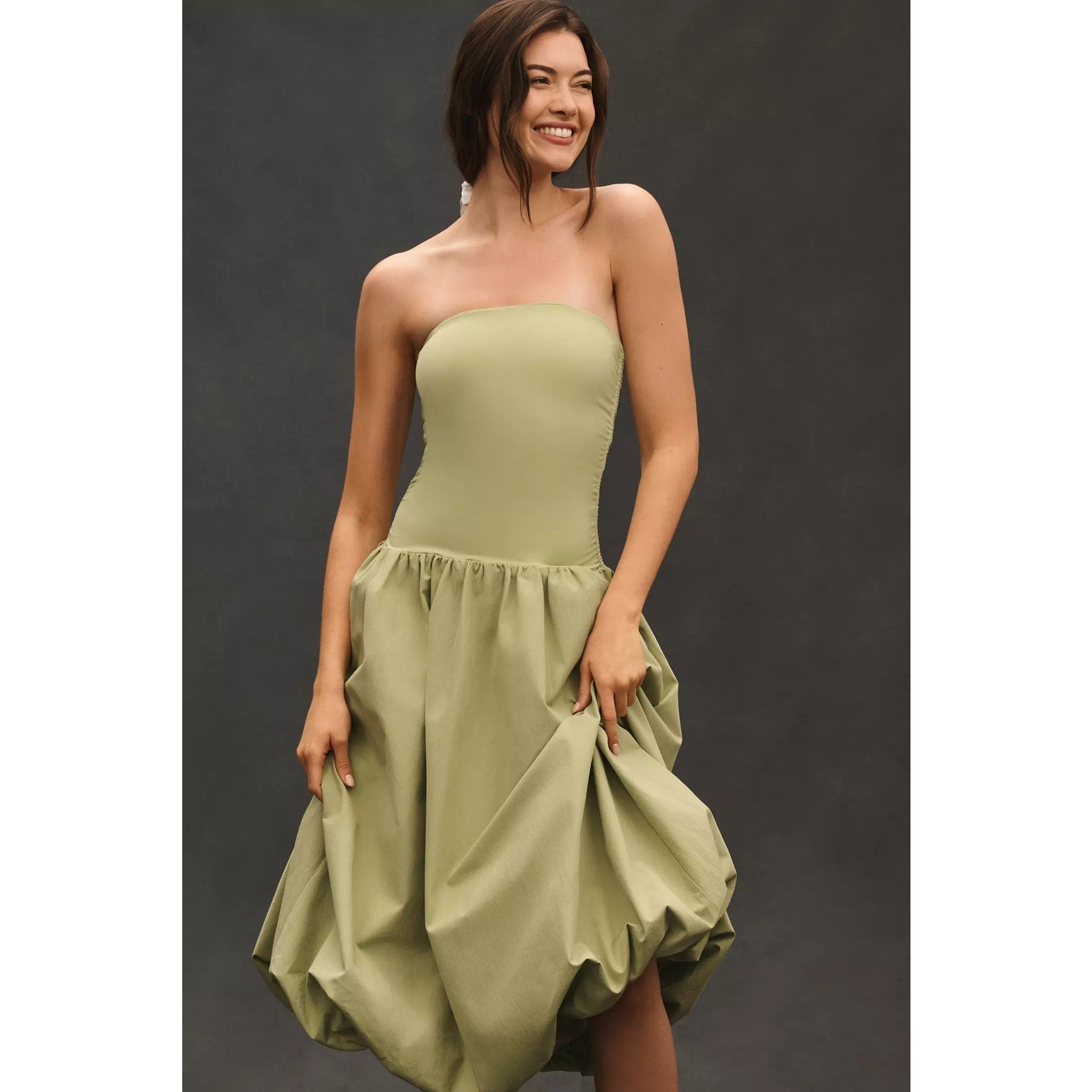 Anthropologie Mare Mare Strapless Drop-Waist Bubble Midi Dress XS Green Anthropologie