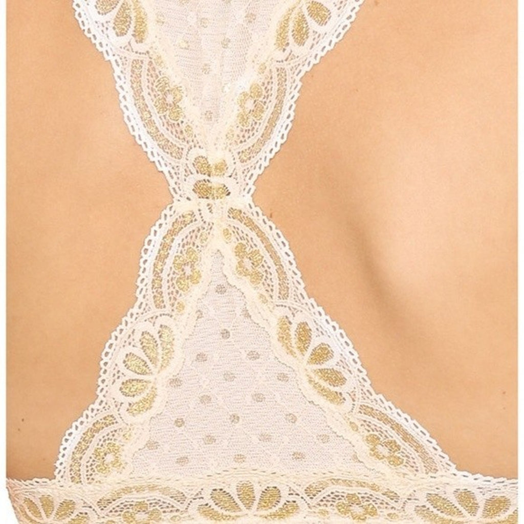 New Free People Ivory Metallic Foil Lace Racerback Bralette $48 Size Large