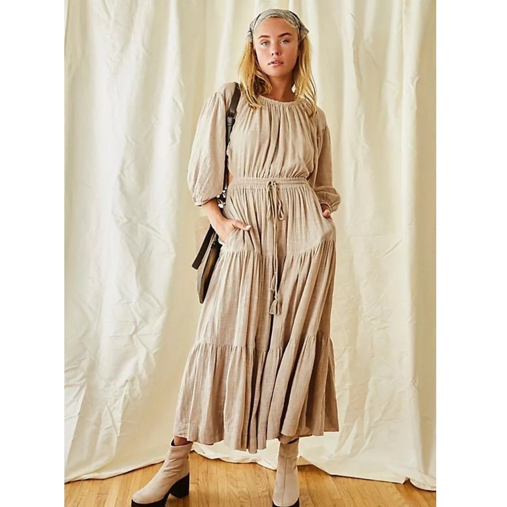 New Free People Ibiza Sun Dress MIDI $118 SMALL Mushroom Boho Tiered