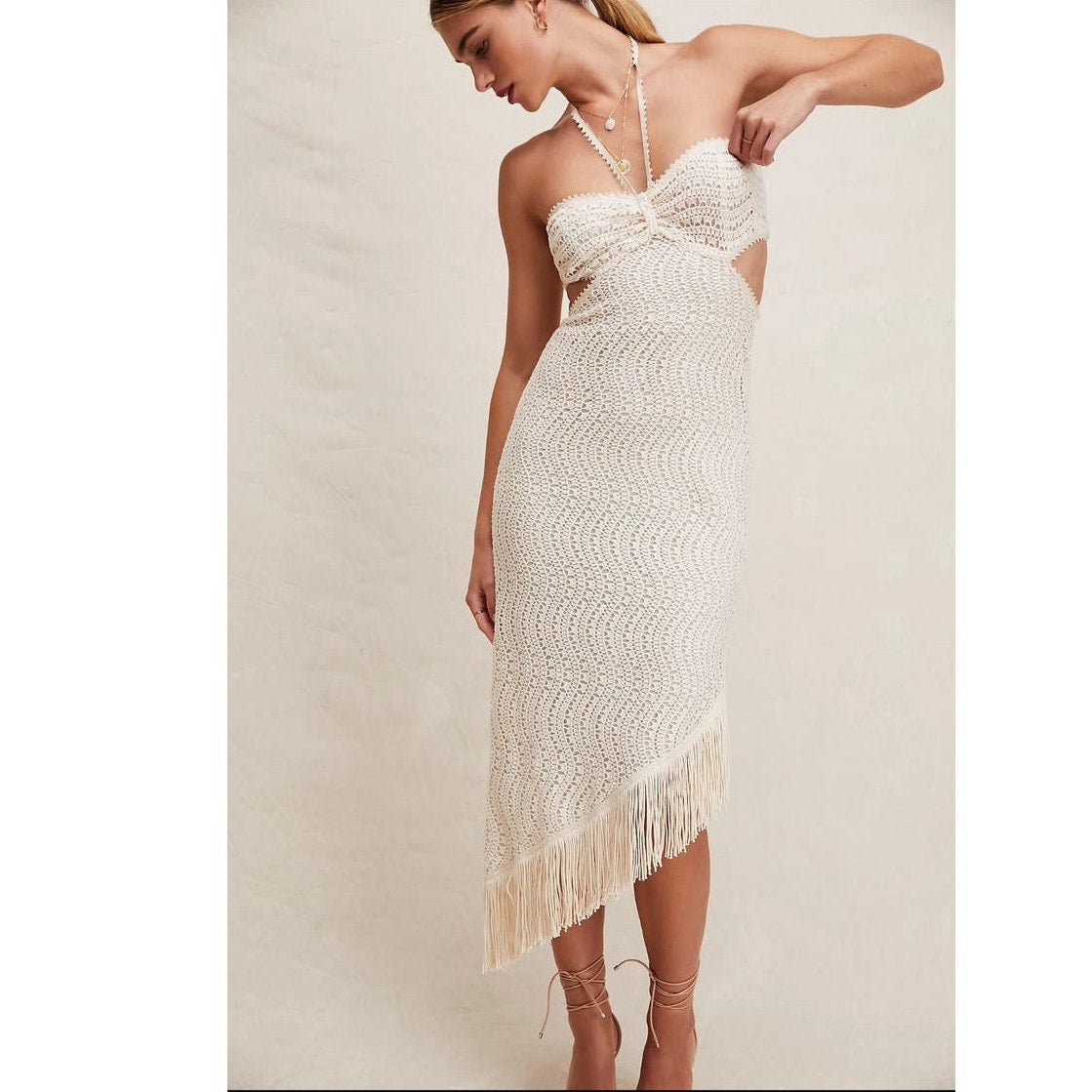 New Free People Anna Sui Crochet Lace Cutout Halter Midi Dress $660 X-SMALL (P)