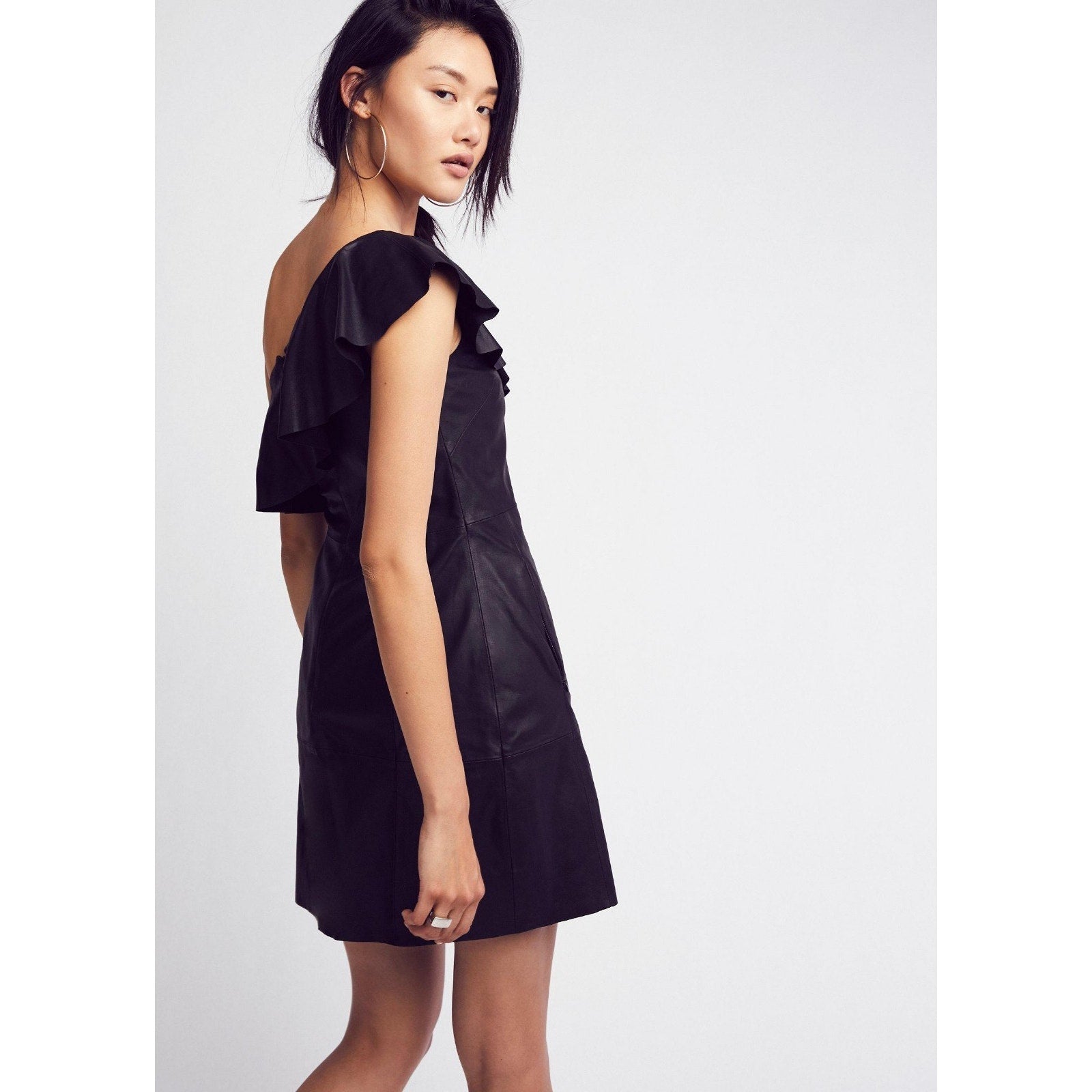 NEW Free People $350 Black Natalie One Shoulder Leather Mini Dress Size S