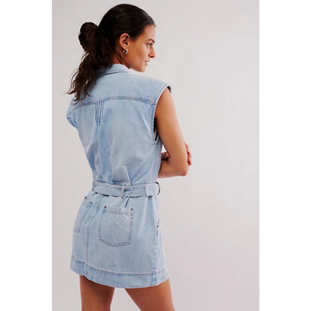 New FREE PEOPLE Rowley Denim Mini Dress $168 LARGE Sunbleached Blue