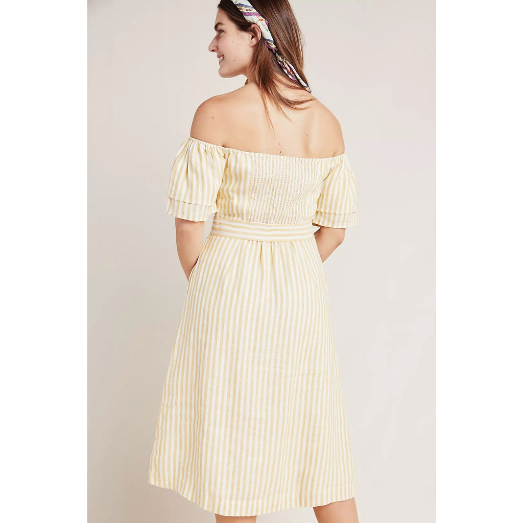 Anthropologie Linen Off-The-Shoulder Dress SMOCKED MEDIUM Yellow Stripe Anthropologie