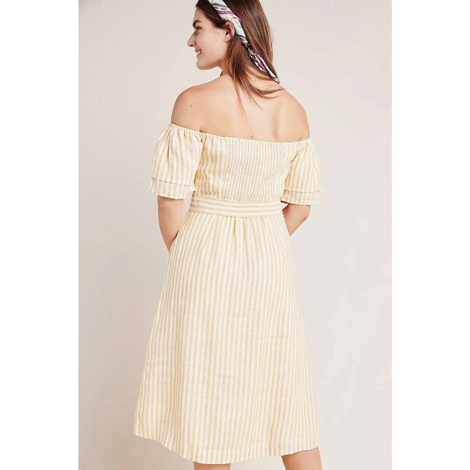 Anthropologie Linen Off-The-Shoulder Dress SMOCKED MEDIUM Yellow Stripe Anthropologie