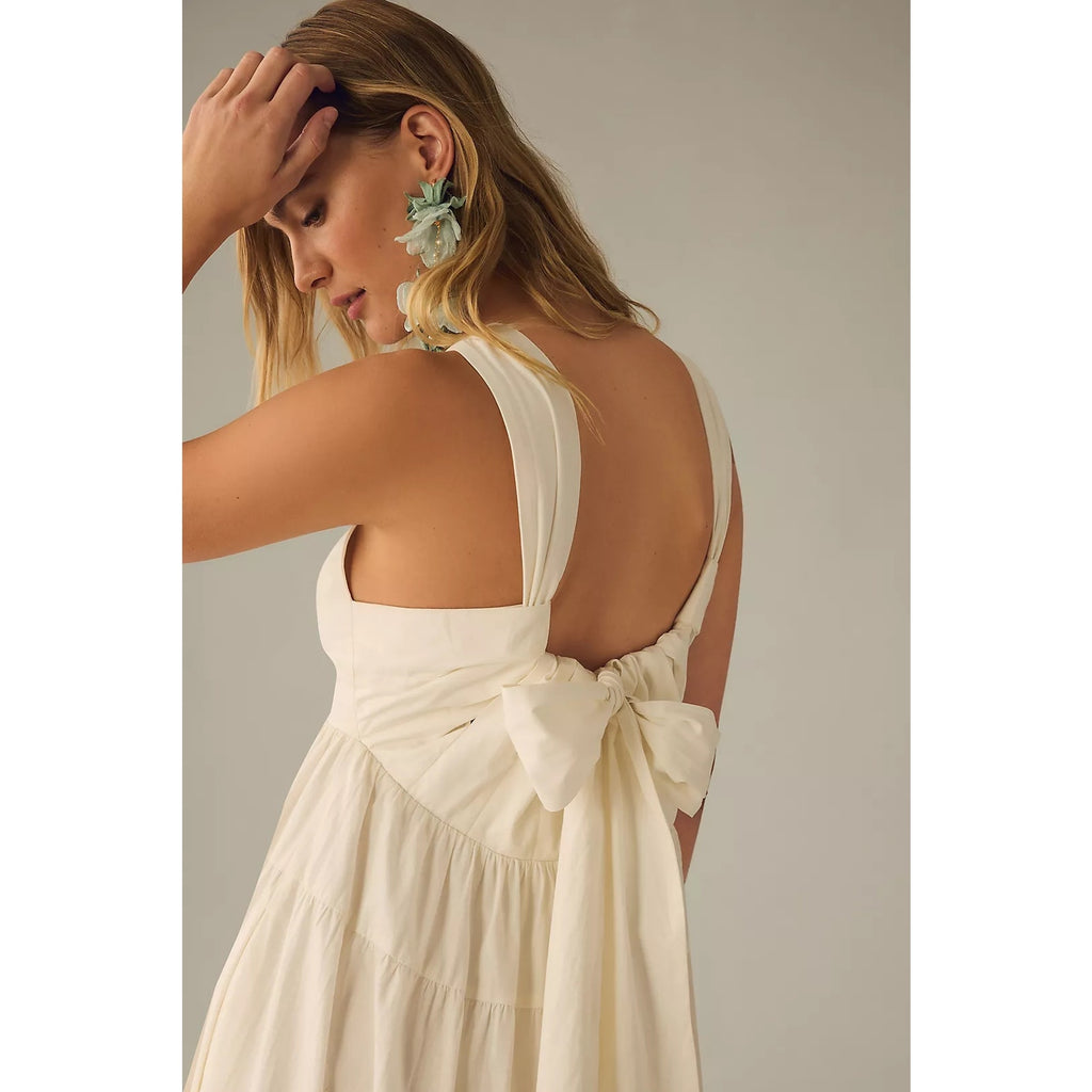 Anthropologie Forever That Girl Tiered Ruched Back Bow Dress SMALL Anthropologie