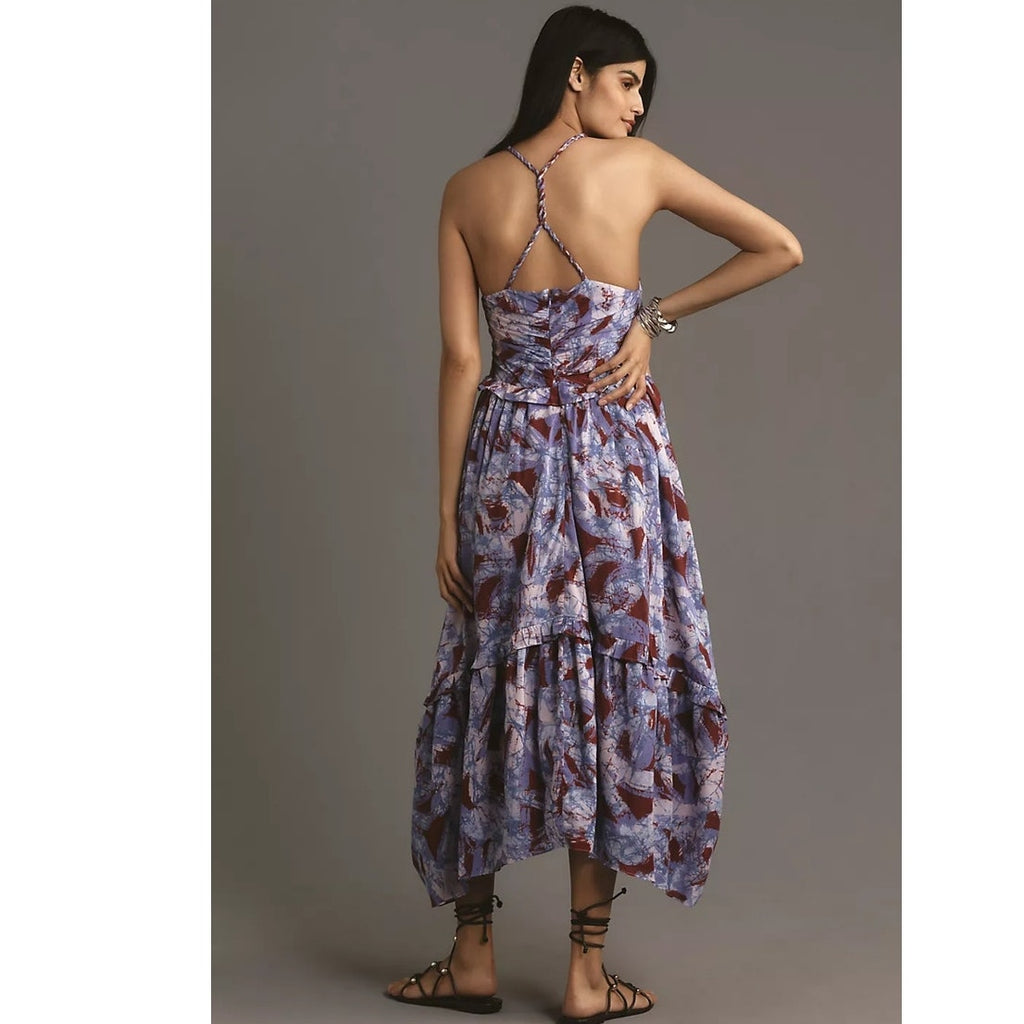 New By Anthropologie Sleeveless V-Neck A-Line Midi Dress $228 LARGE Blue Motif