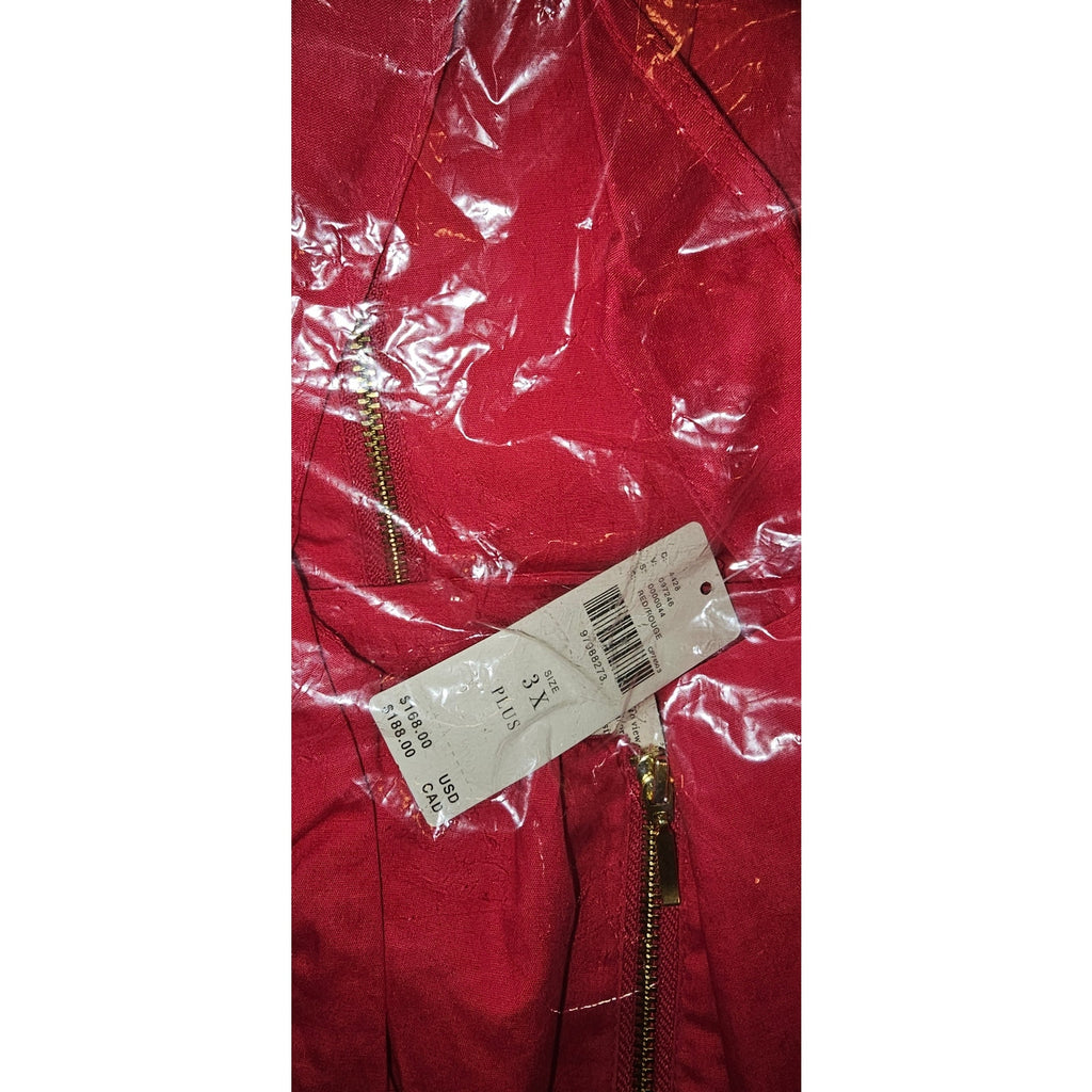 Red front-zip fabric detail with size label and zipper pull