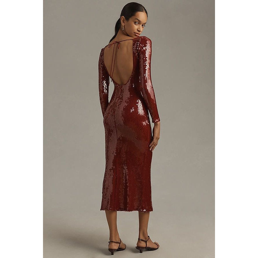 New ANTHROPOLOGIE Bardot Verona Long-Sleeve Sequin Slim Midi Dress SIZE 10 WINE