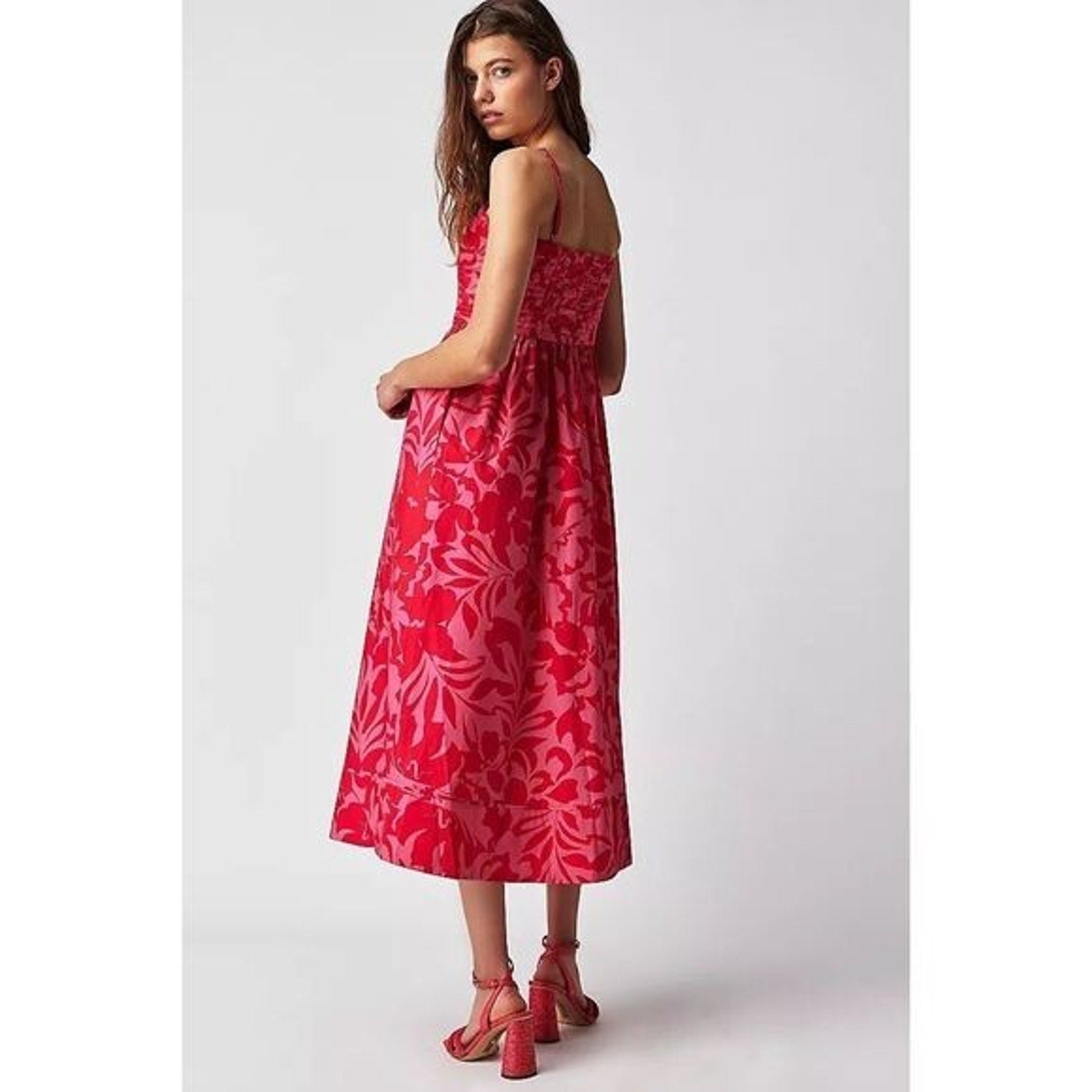New Free People Shona Joy Antonia Ruched Midi Dress $365 SIZE 4 Pink/Red Floral