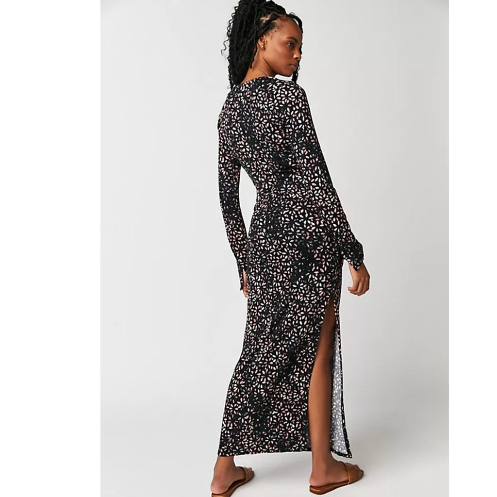 New Free People Shayla Wrap Midi Dress $128 MEDIUM Black Combo
