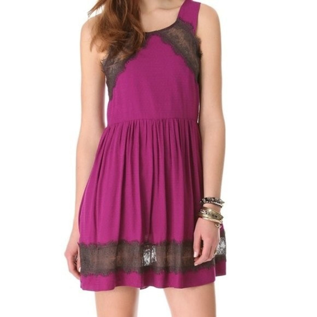 New Free People Georgia Lace Flare Party Slip Style Mini Dress Size 8 $98 Purple