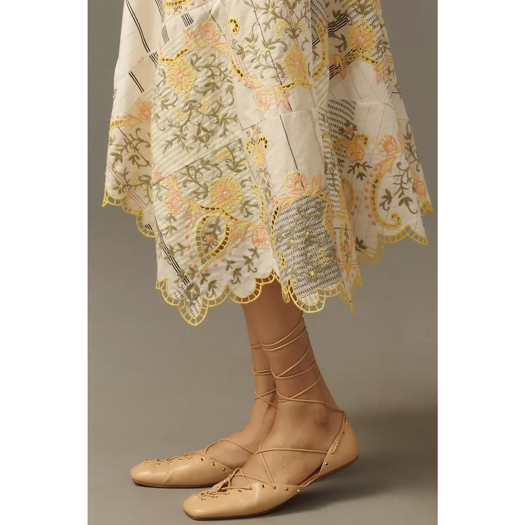 Anthropologie Sleeveless V-Neck Asymmetric Embroidered Midi Dress Sz L Anthropologie