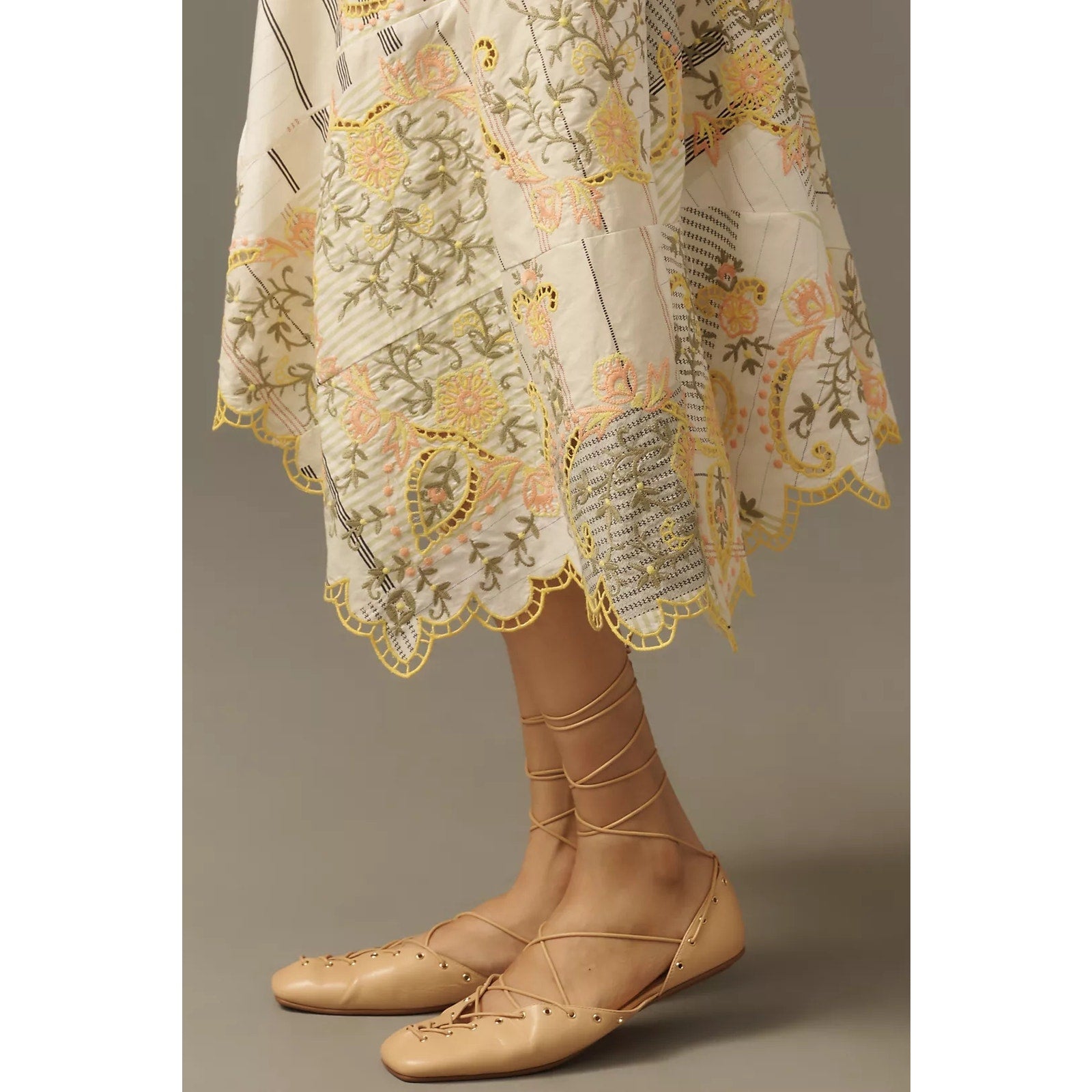 Anthropologie Sleeveless V-Neck Asymmetric Embroidered Midi Dress Sz L Anthropologie