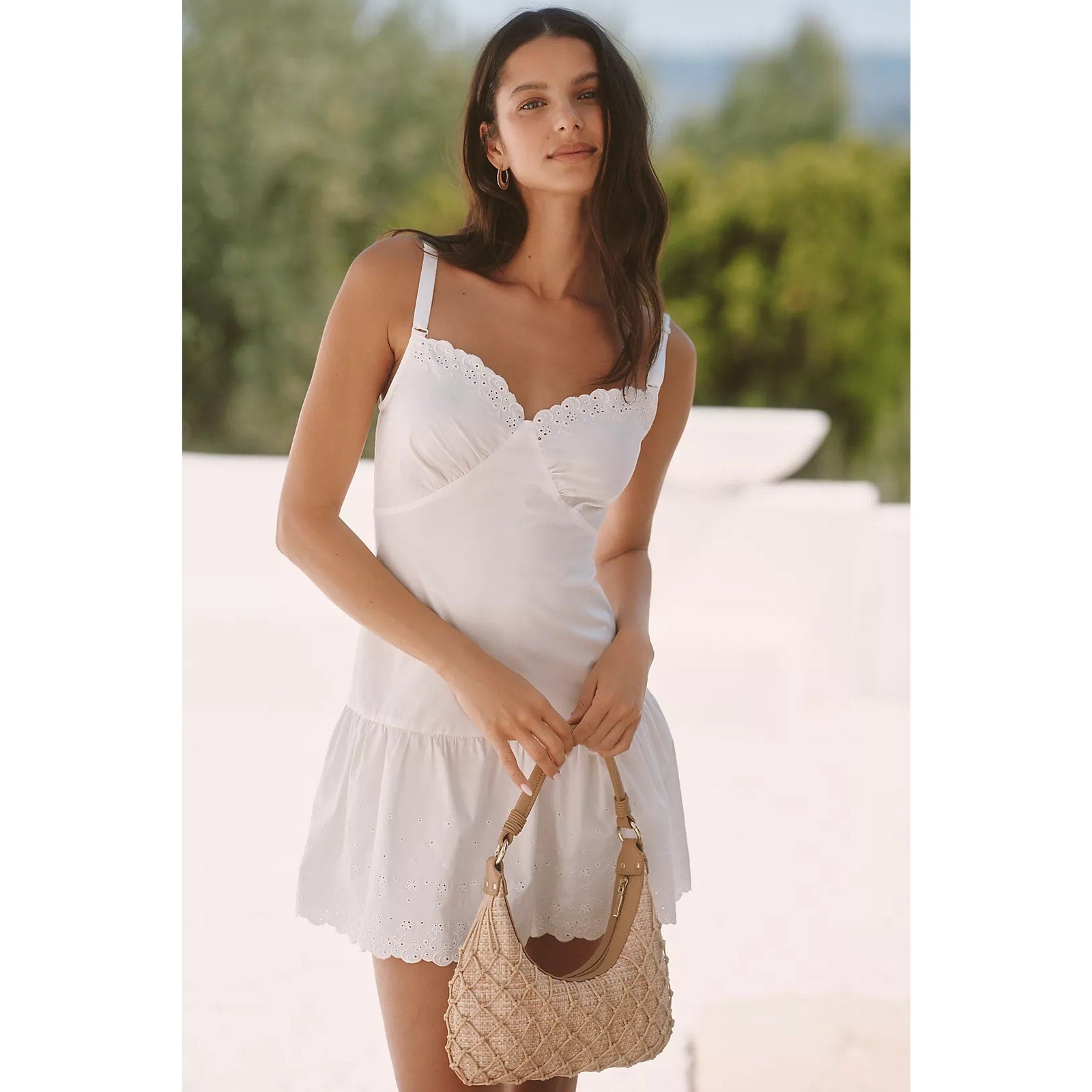 White poplin mini dress with lace scalloped neckline and thin spaghetti straps