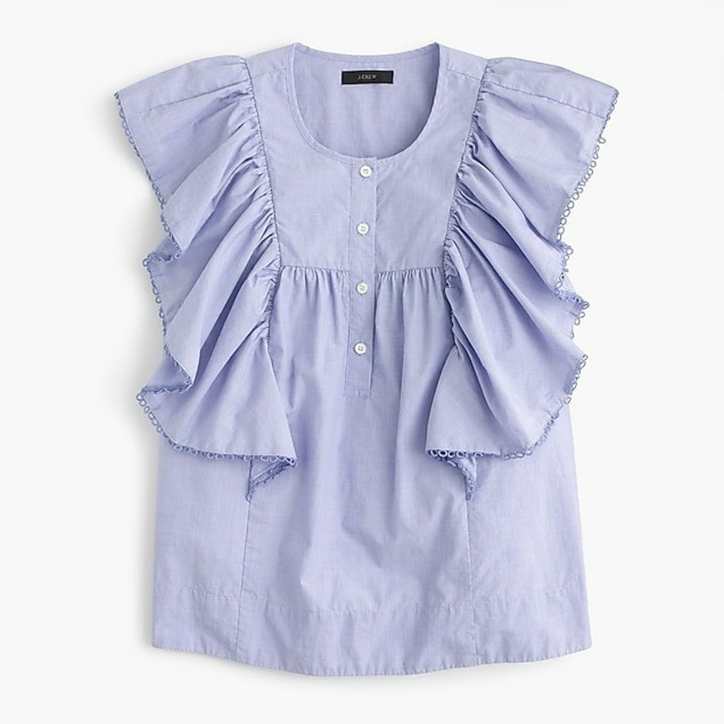 NEW J Crew Ruffle-front shirt in end-on-end cotton Blue Size 0