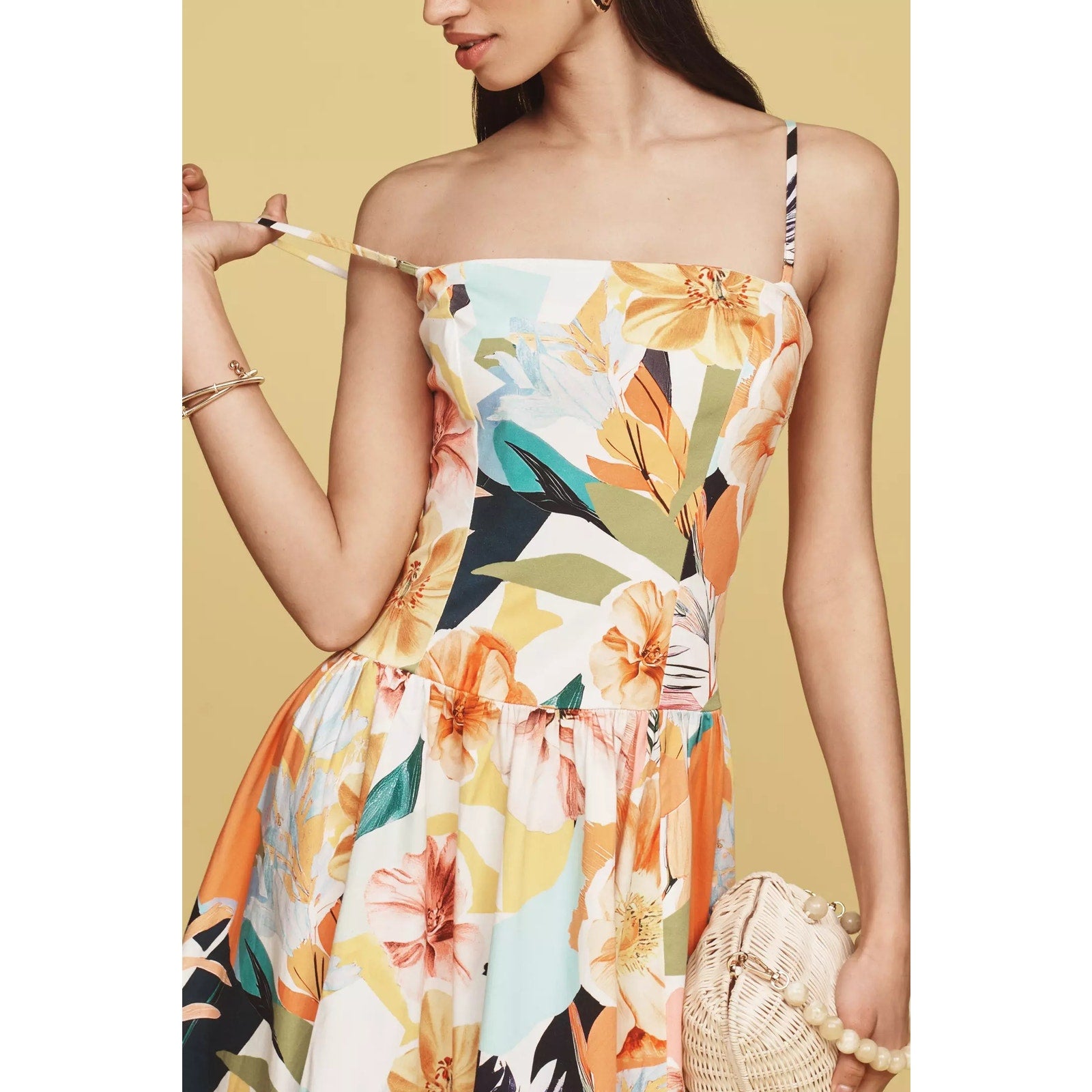 Anthropologie Drop-Waist Midi Dress Size Large Yellow Floral Anthropologie