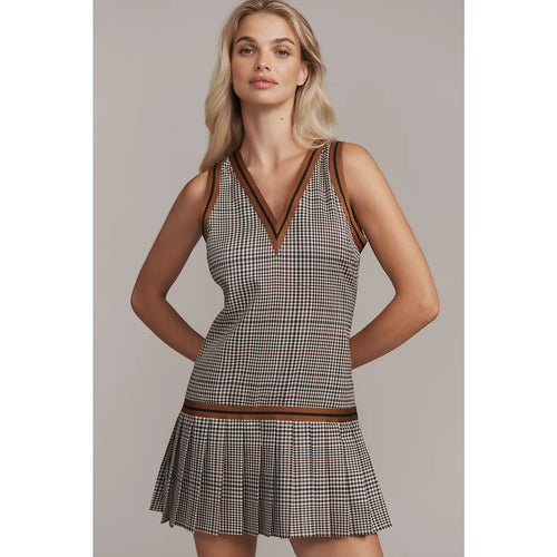 Pleated mini dress, sleeveless V-neck houndstooth check with dark trim