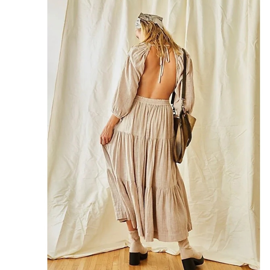 New Free People Ibiza Sun Dress MIDI $118 SMALL Mushroom Boho Tiered