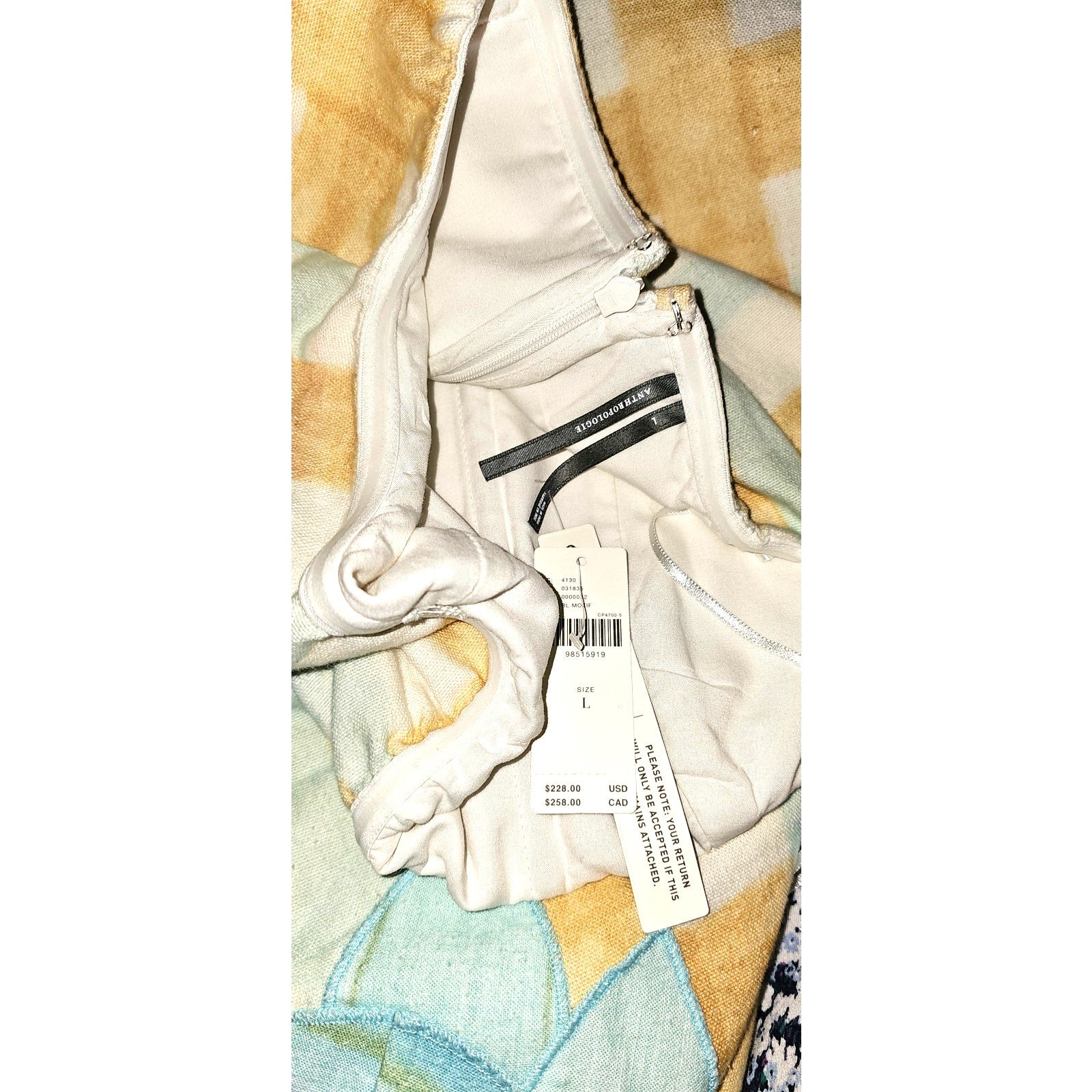 Anthropologie Strapless Cotton Linen Dress LARGE Blue/Yellow Applique Anthropologie
